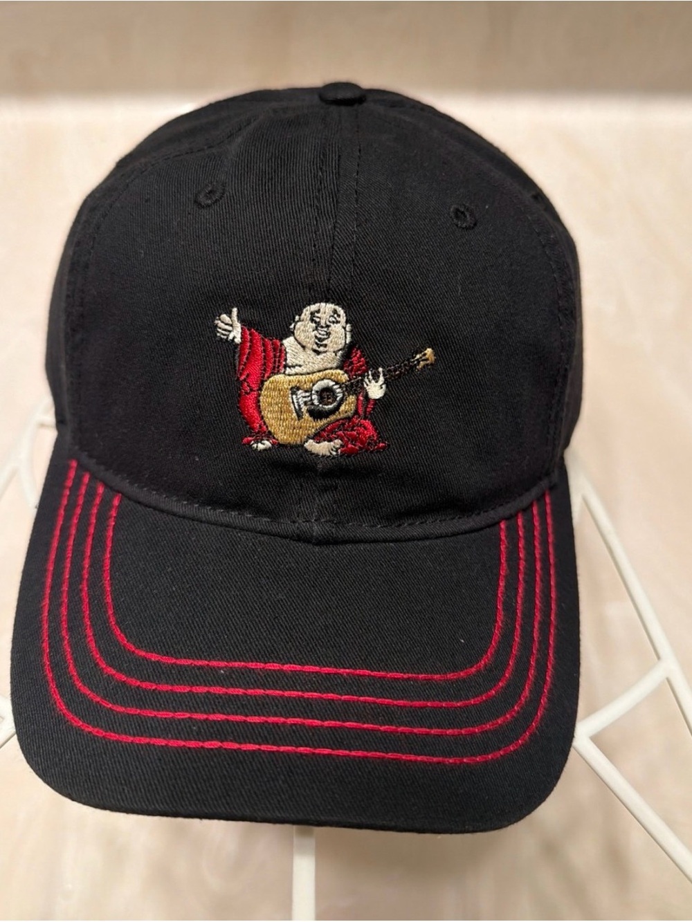 True Religion Black Baseball Cap with Red Stitching and Embroidered Buddha
